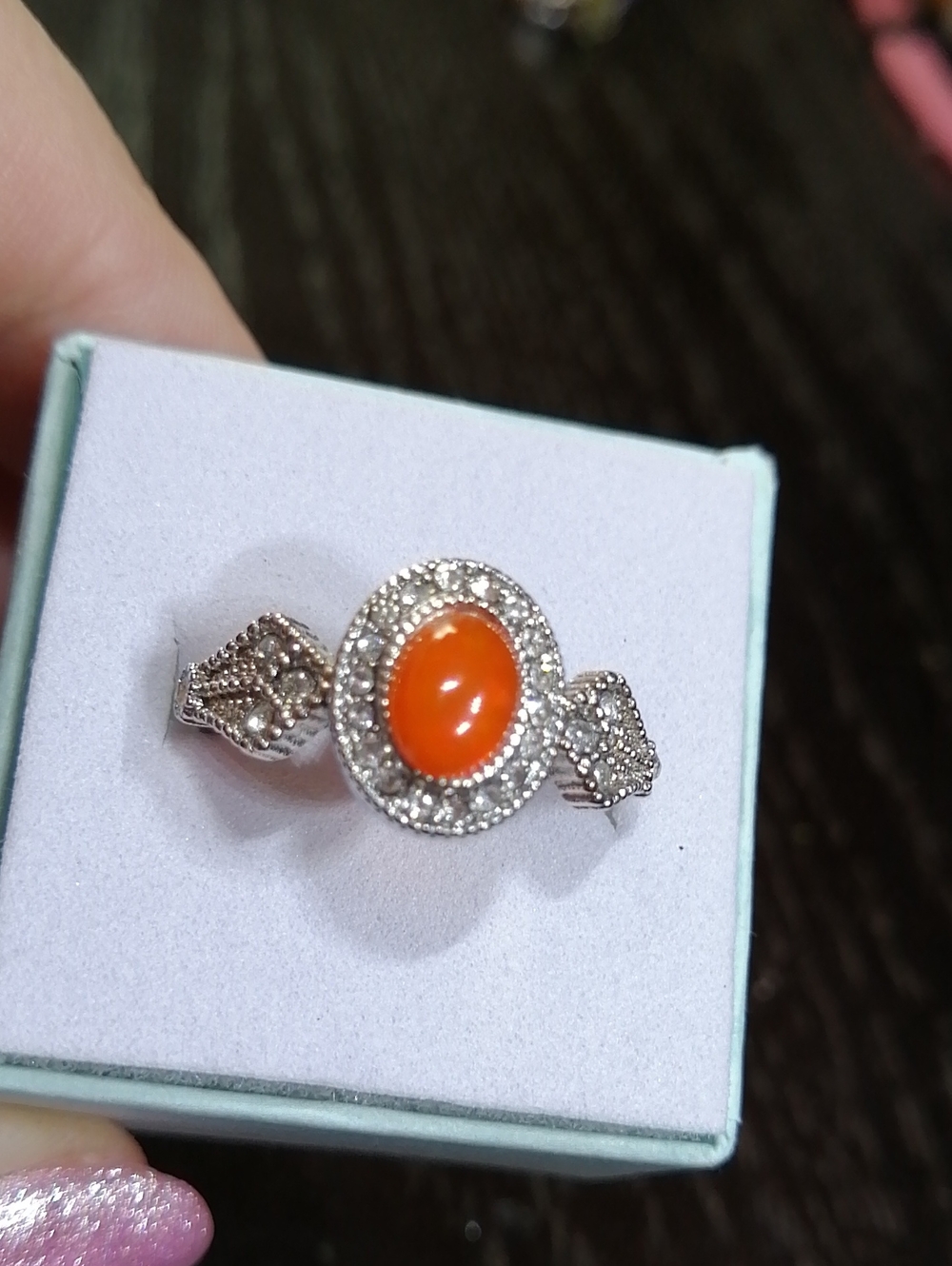Orange Opal and Crystal Halo Adjustable Silver Plated Ring Sizes 7- 8.5. New